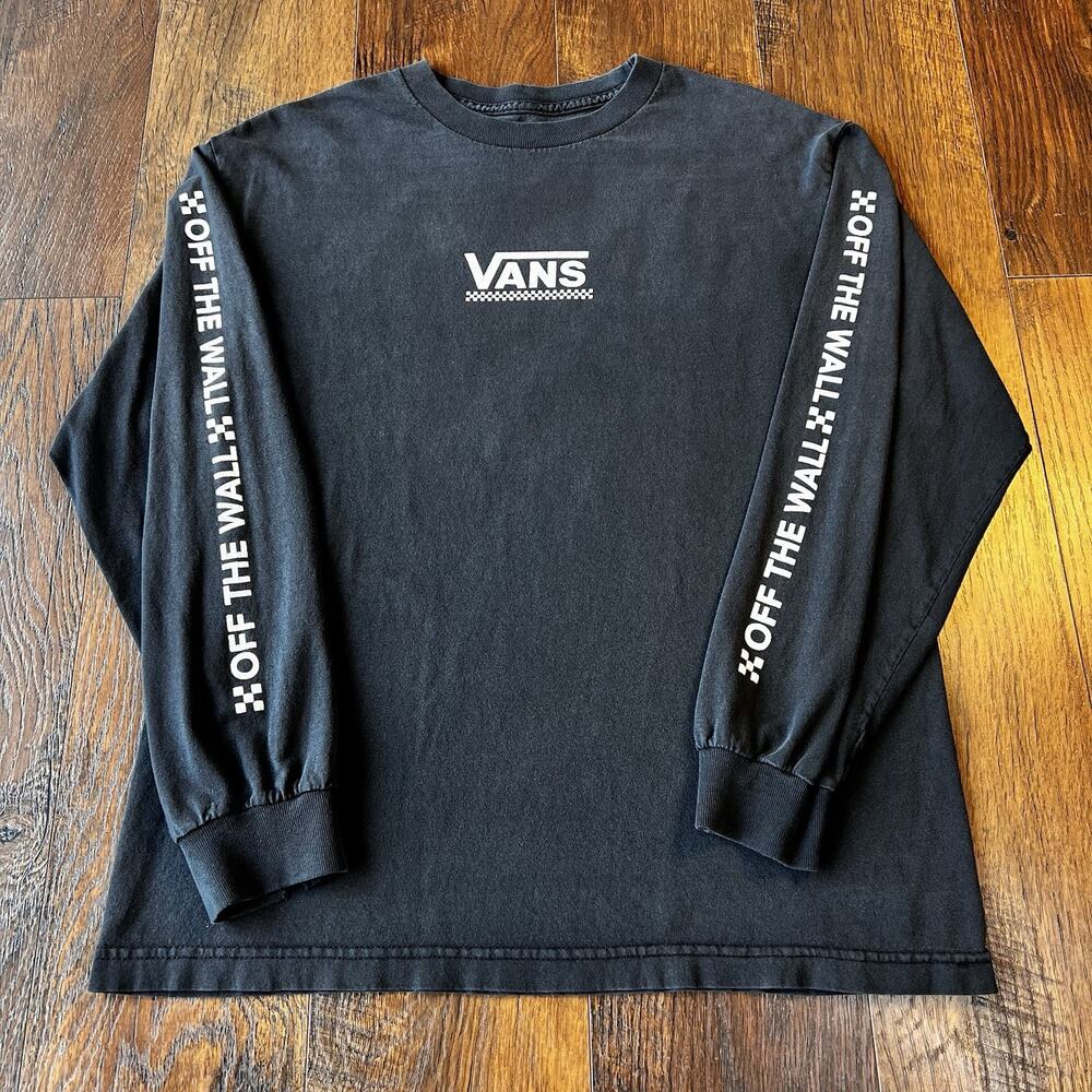 Y2K Vans Off the Wall Checkered Long Sleeve Graphics Black Crew Neck T-Shirt - M